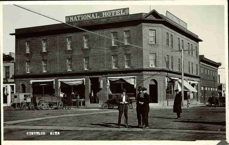 Historic picture of main street Stettler featuring the old National Hotel.