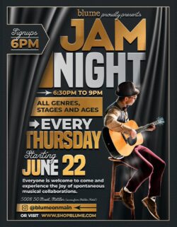 Blume proudly presents JAM NIGHT Every Thursday from 6:30p.m. to 9:00p.m. 5008-50 Street, Stettler