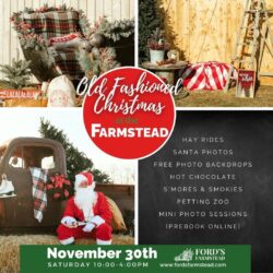 Pop by Ford's Farmstead on Saturday, November 30th 10-4pm to get some beautiful photos this Christmas! 

Free backdrops set up 10-4pm for you to use, photos with Santa for $10, or book a mini photo session by Shayla Starling Photo between 10-12pm online.

Hay rides, petting zoo, specialty hot chocolate bar, smokies, s'mores and more!